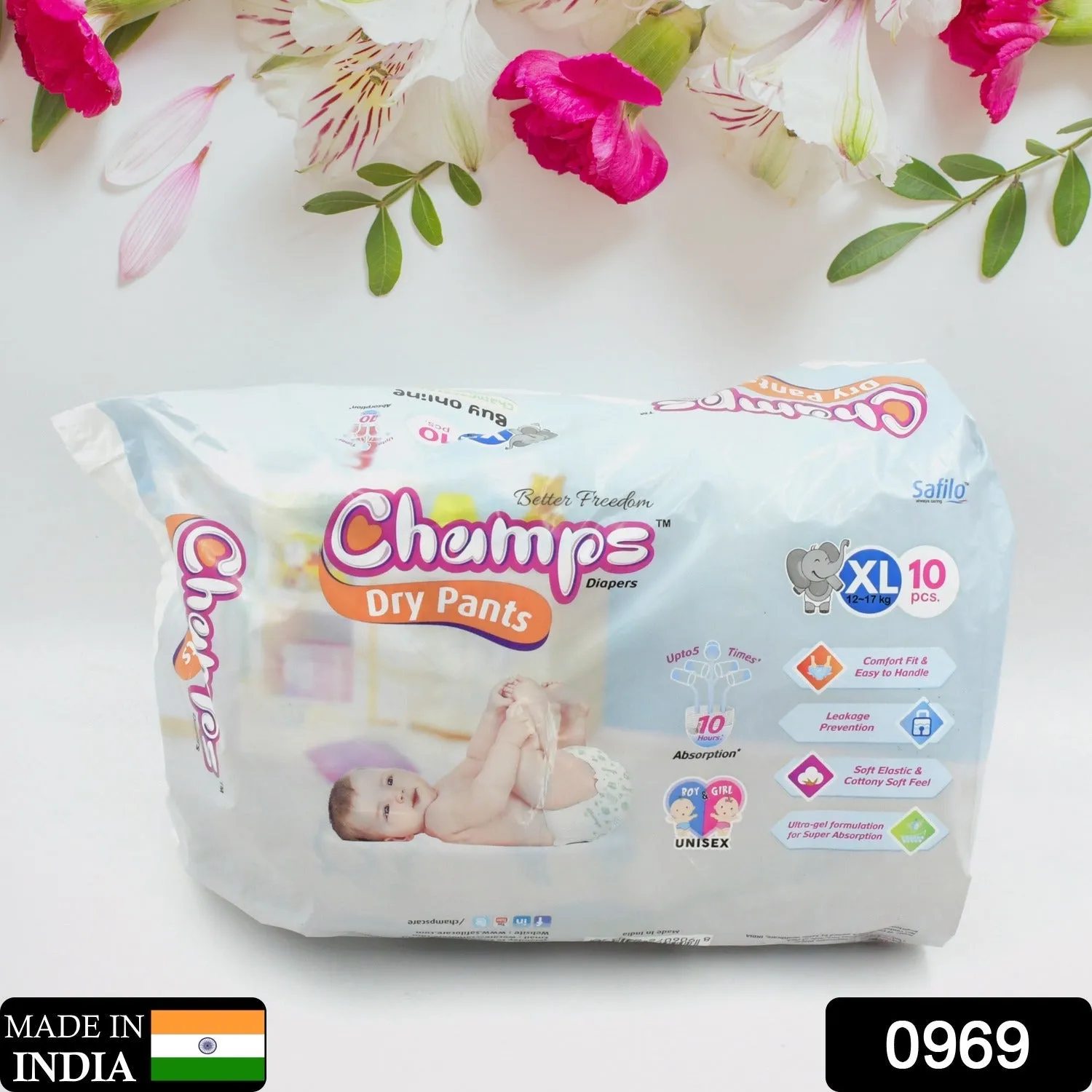 0969 Baby Diaper High Absorbent Pant Diapers,  Champs Soft and Dry Baby Diaper Pants Xl  10 Pcs (Extra Large , XL10 Pieces)