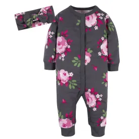 2-Piece Baby Girls Burgundy Garden Coverall & Headband Set