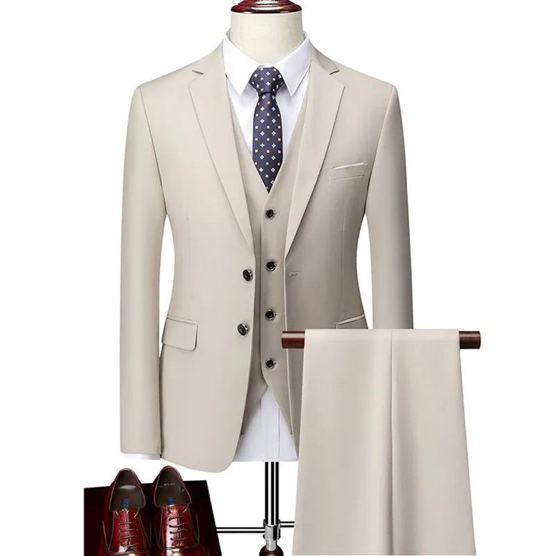 3 Piece ( Jacket   Vest   Pants ) Boutique Pure Color Mens Business Suit Three-piece and Two-piece Groom Wedding Formal Wear