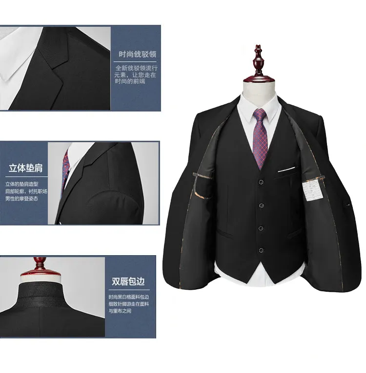 3 Piece ( Jacket   Vest   Pants ) Boutique Pure Color Mens Business Suit Three-piece and Two-piece Groom Wedding Formal Wear