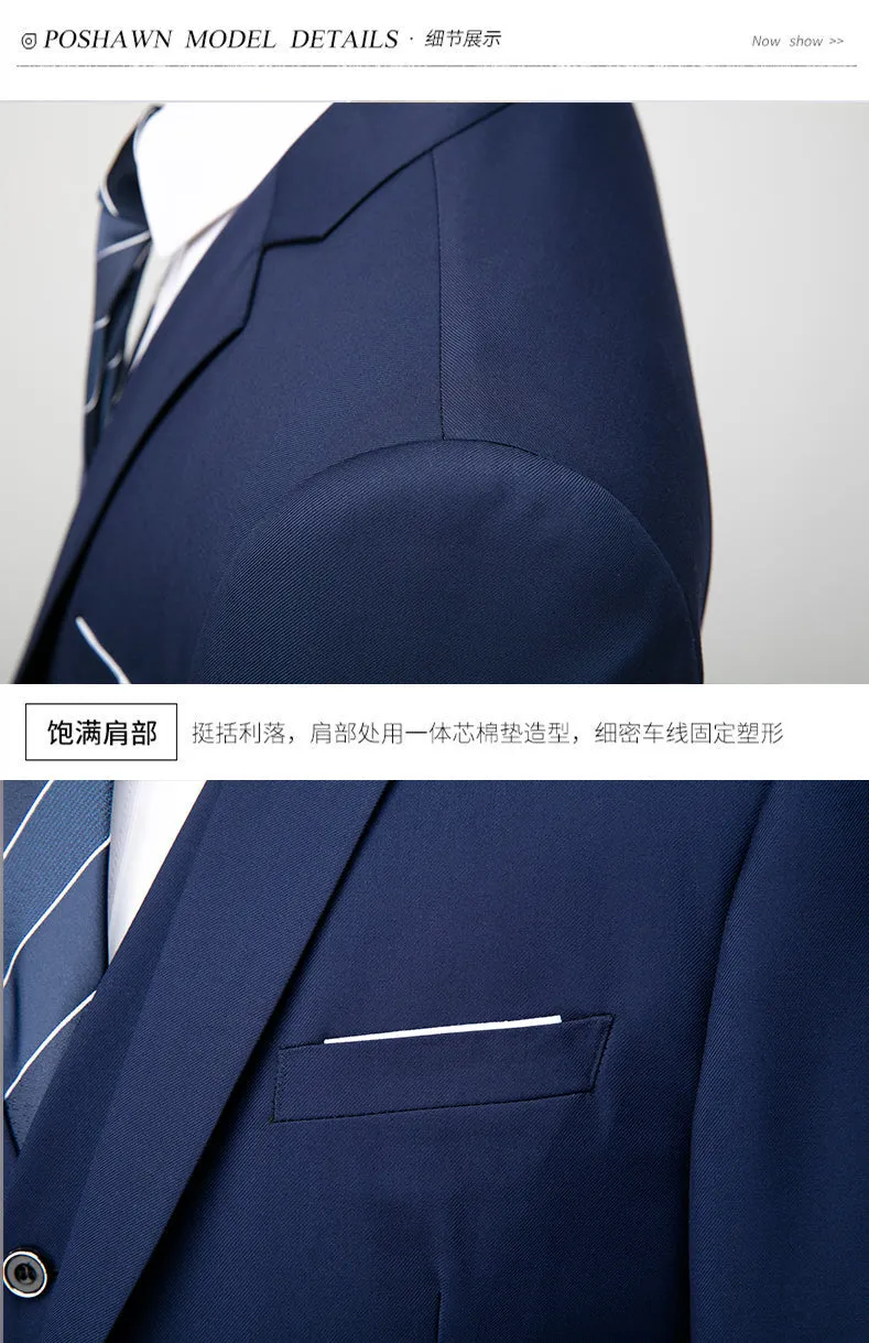 3 Piece ( Jacket   Vest   Pants ) Boutique Pure Color Mens Business Suit Three-piece and Two-piece Groom Wedding Formal Wear