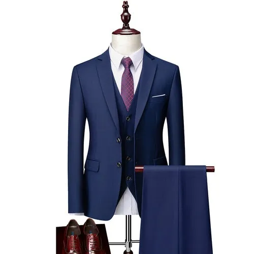 3 Piece ( Jacket   Vest   Pants ) Boutique Pure Color Mens Business Suit Three-piece and Two-piece Groom Wedding Formal Wear