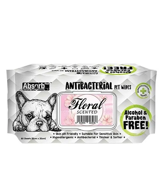 Absorb Plus Antibacterial Alcohol & Paraben Free Pet Wipes (Floral, 80pcs)