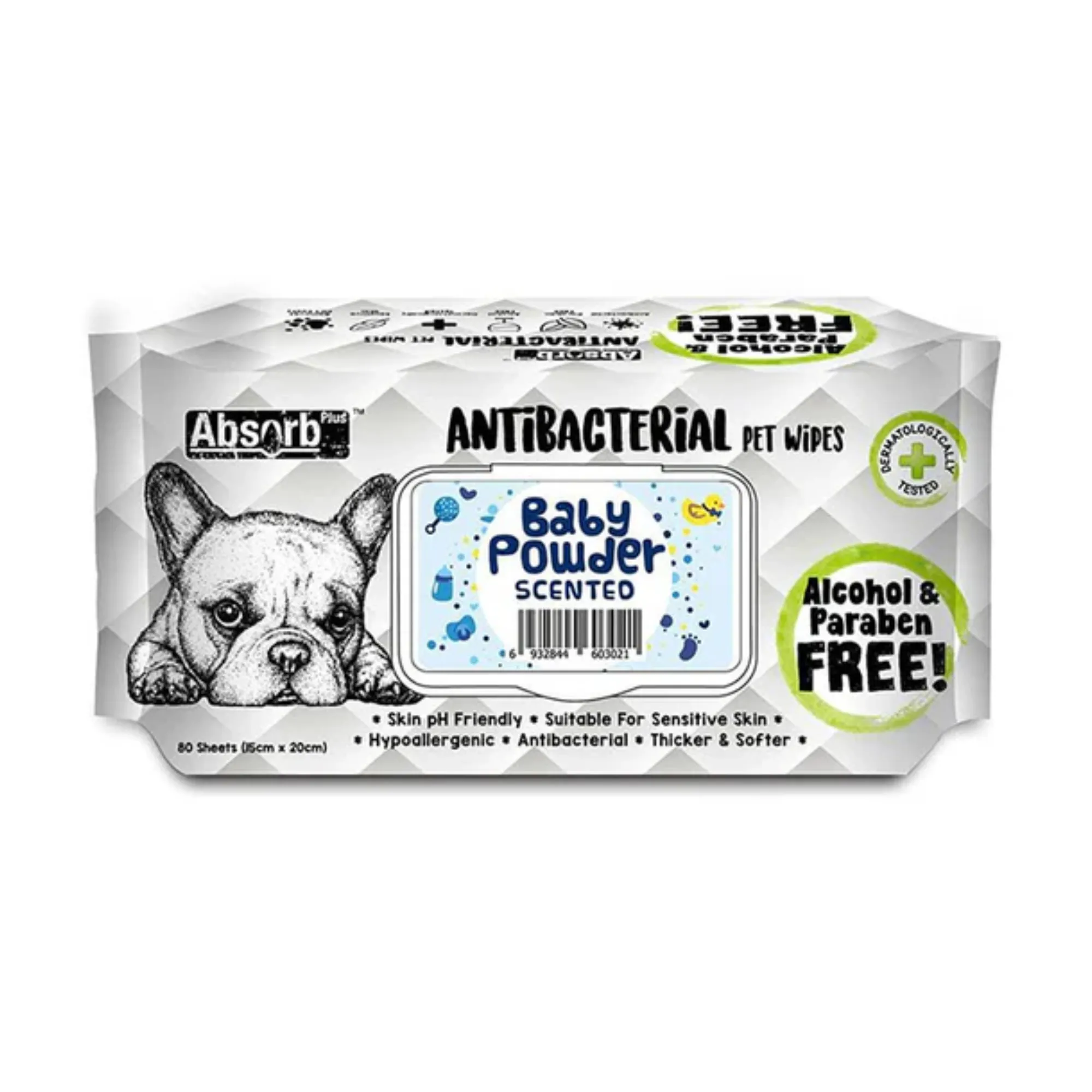 Absorb Plus Antibacterial Dog Wipes Baby Powder 80 Pack