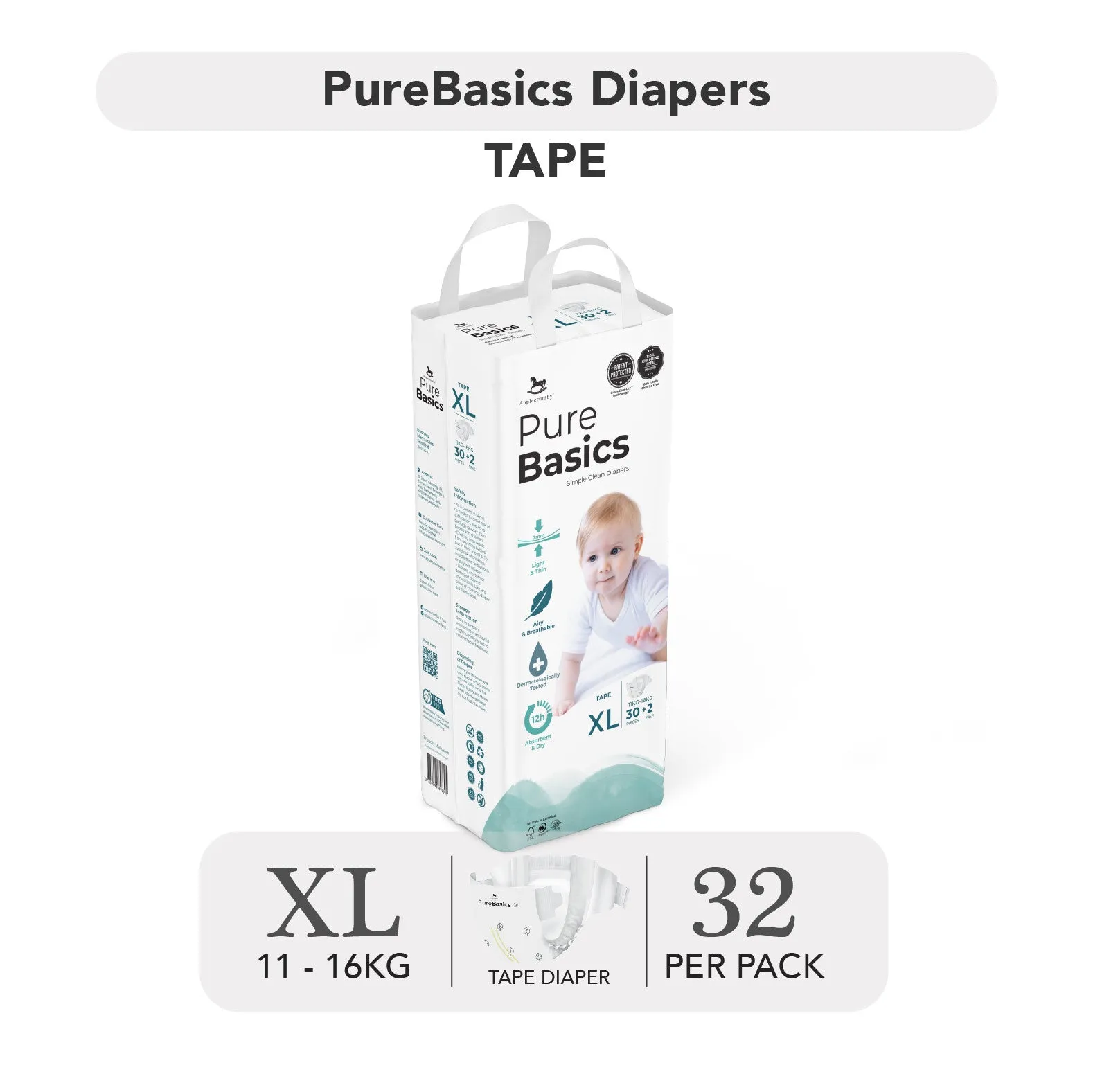 Applecrumby PureBasics Tape Diapers - S56 / M48 / L40 / XL32