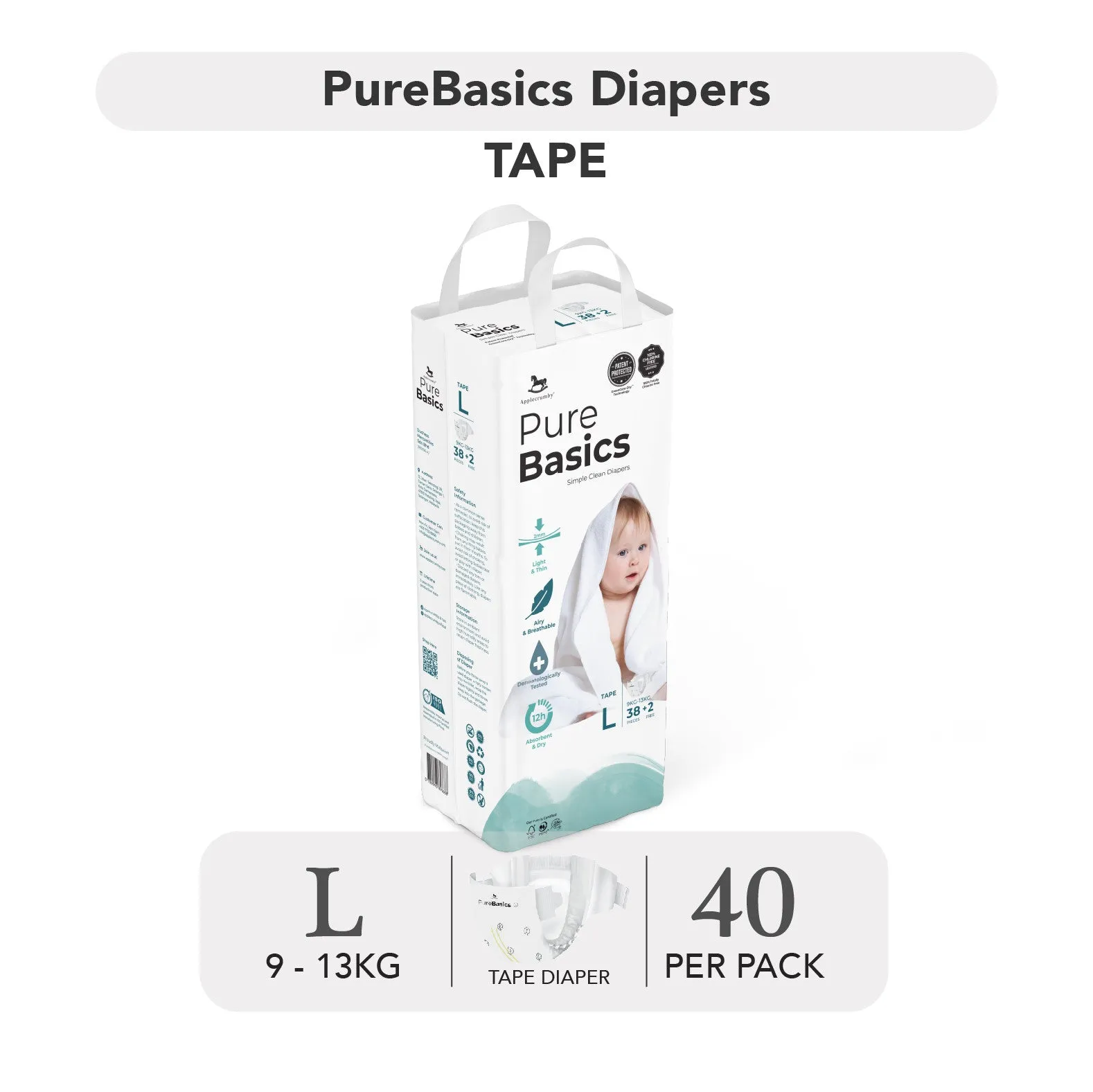 Applecrumby PureBasics Tape Diapers - S56 / M48 / L40 / XL32