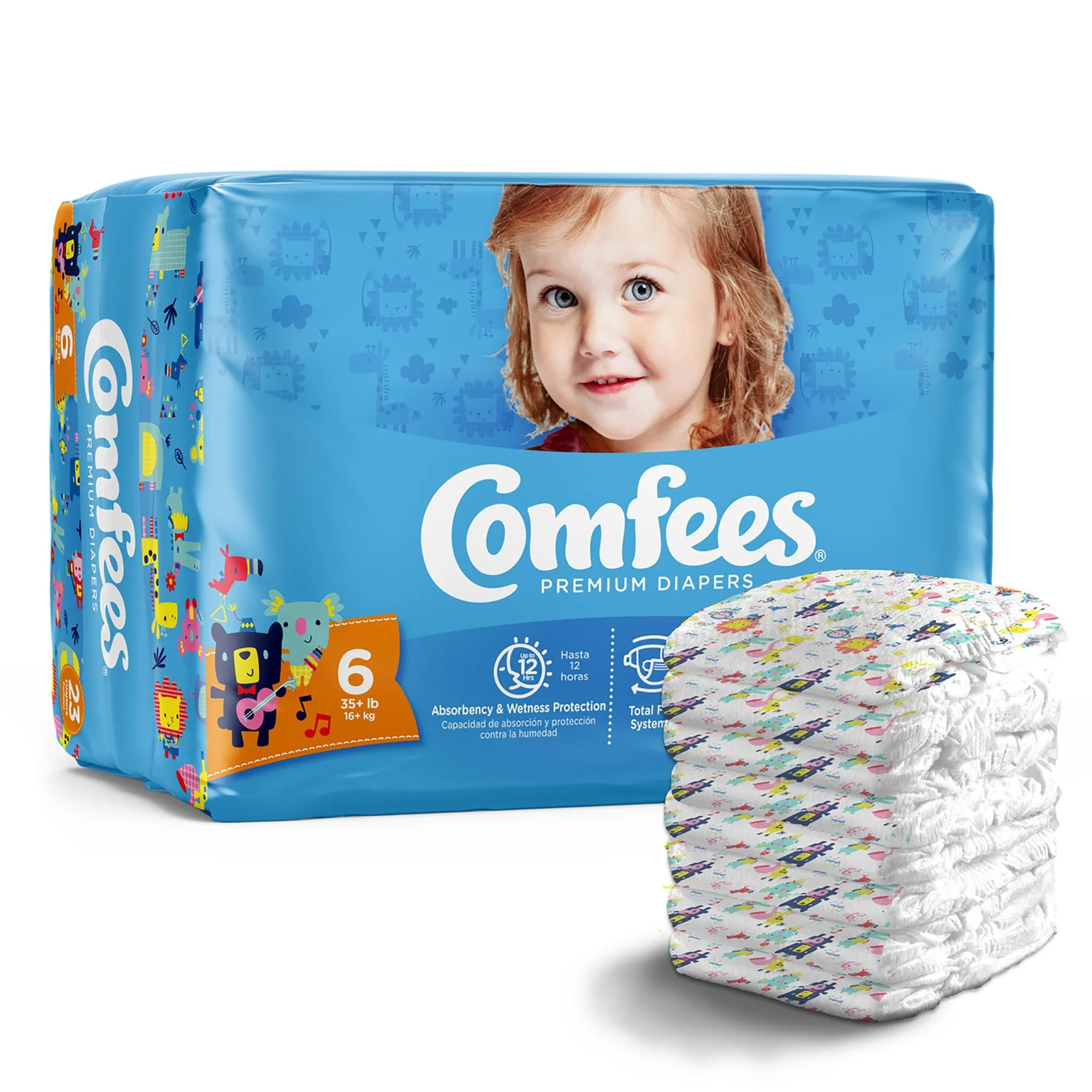 Attends Comfees Premium Baby Diapers, Tab Closure, Kid Design, Size 6