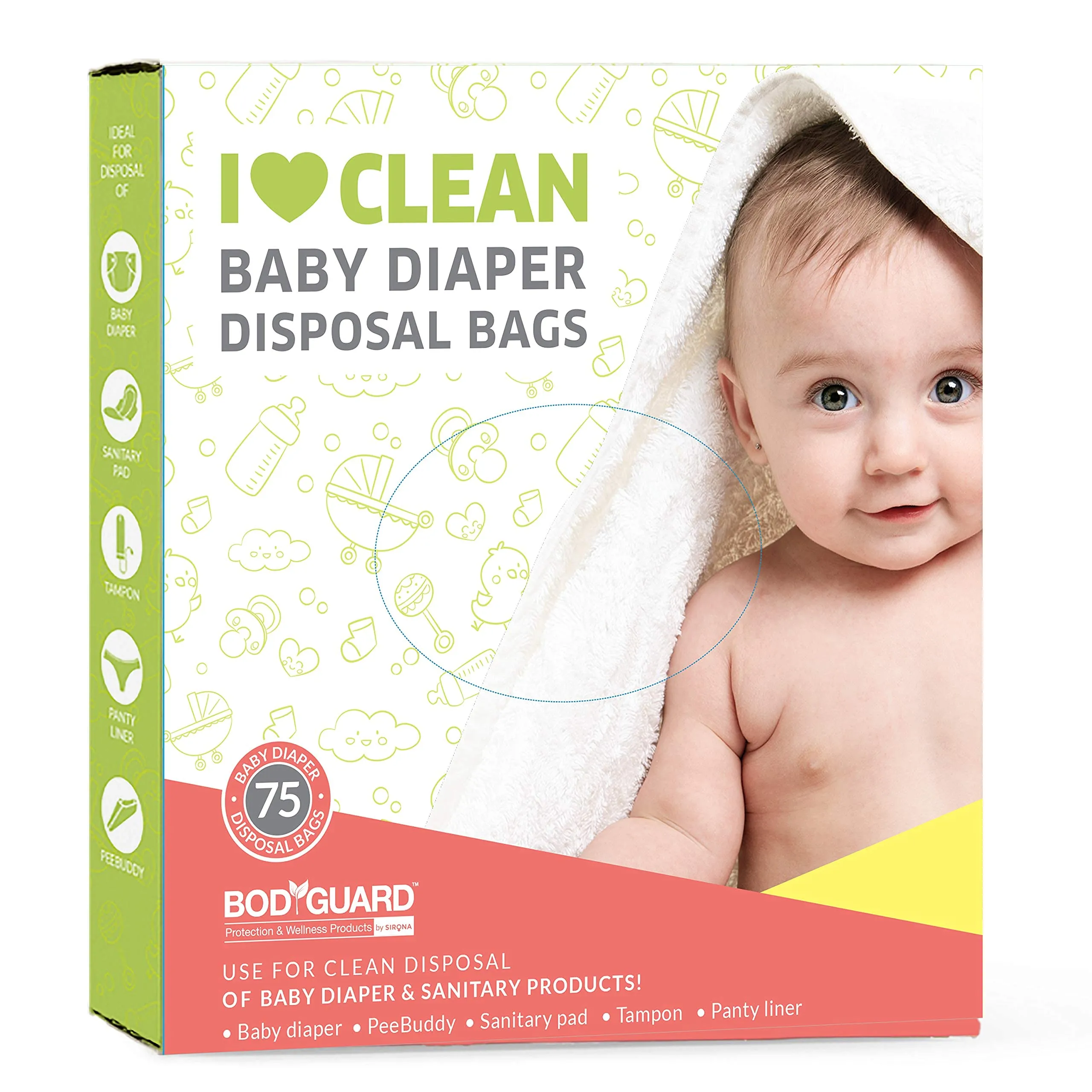 Bodyguard Baby Diaper Disposable Bags - 75 Bags - OXO Biodegradable, Leak-Proof Bags for Discreet Disposal of Diapers and Intimate Sanitary Products, 75 Piece Pack