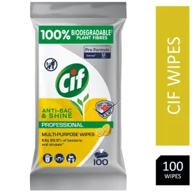 Cif Pro Formula Anti Bacterial & Shine Multipurpose Lemon Wipes 100's