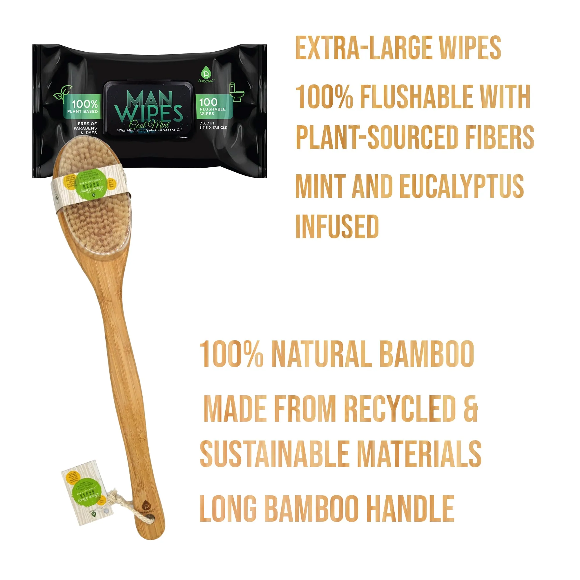 Clean & Refresh Bundle: 1200 Flushable Man Wipes (Mint Scented) - 12 Pack   Bath Body Brush With Long Bamboo Handle