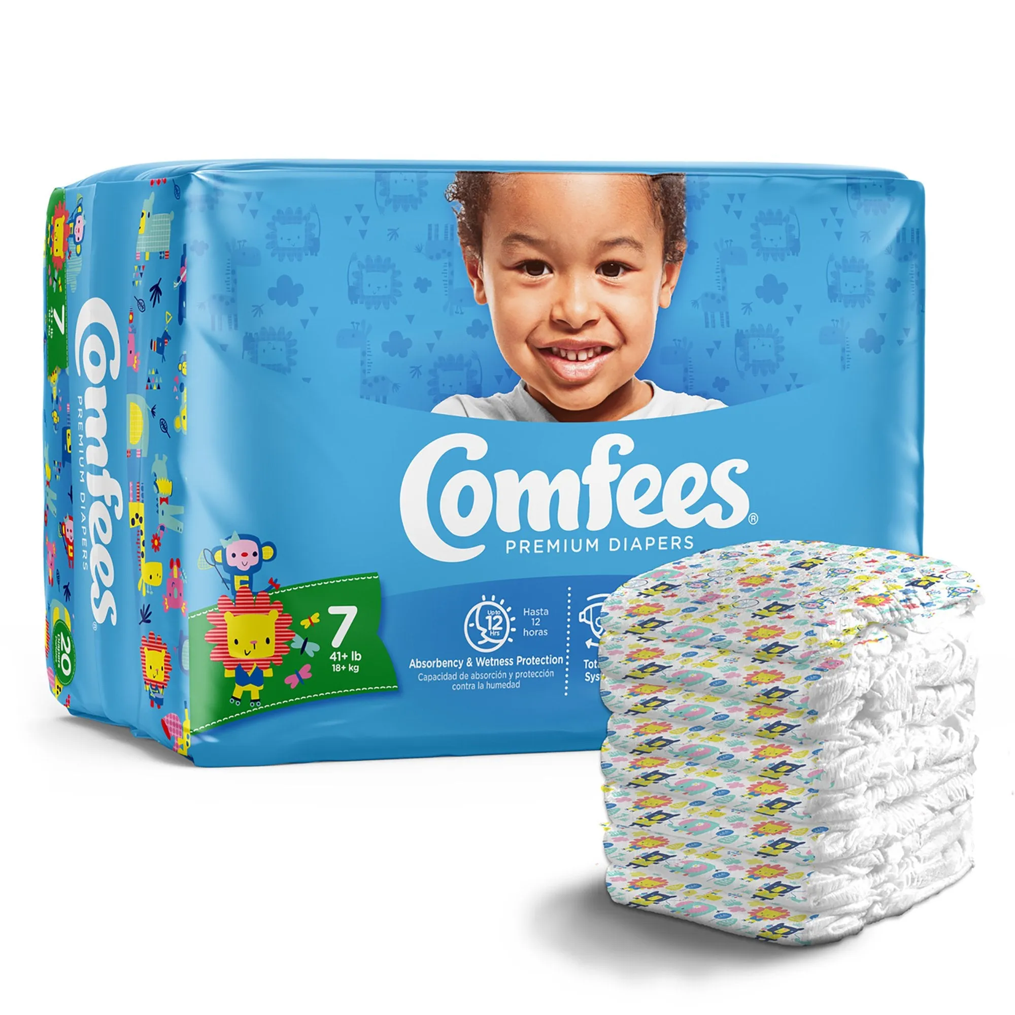 Comfees Premium Baby Diapers, Moderate-Absorbent, Tab Closure, Kid Design, Size 7