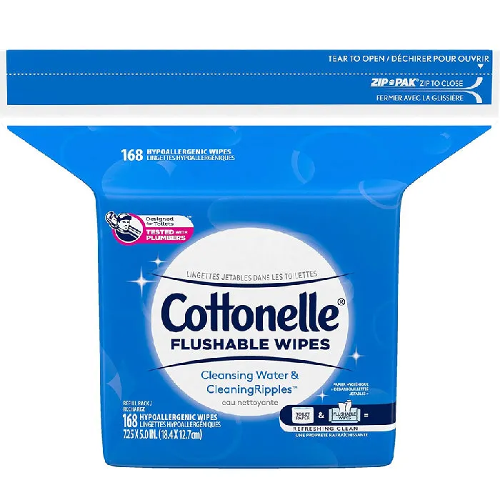 Cottonelle Flushable Wet Wipes Hypoallergenic Zip-Pak Resealable Pack 168 Count