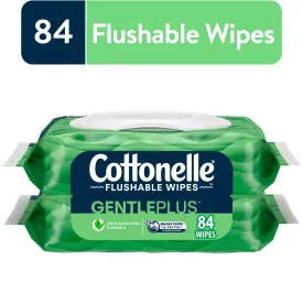 Cottonelle Gentle Plus Flushable Wipes, 2 Flip-Top Packs, 42 Wipes Per Pack (84 Total)