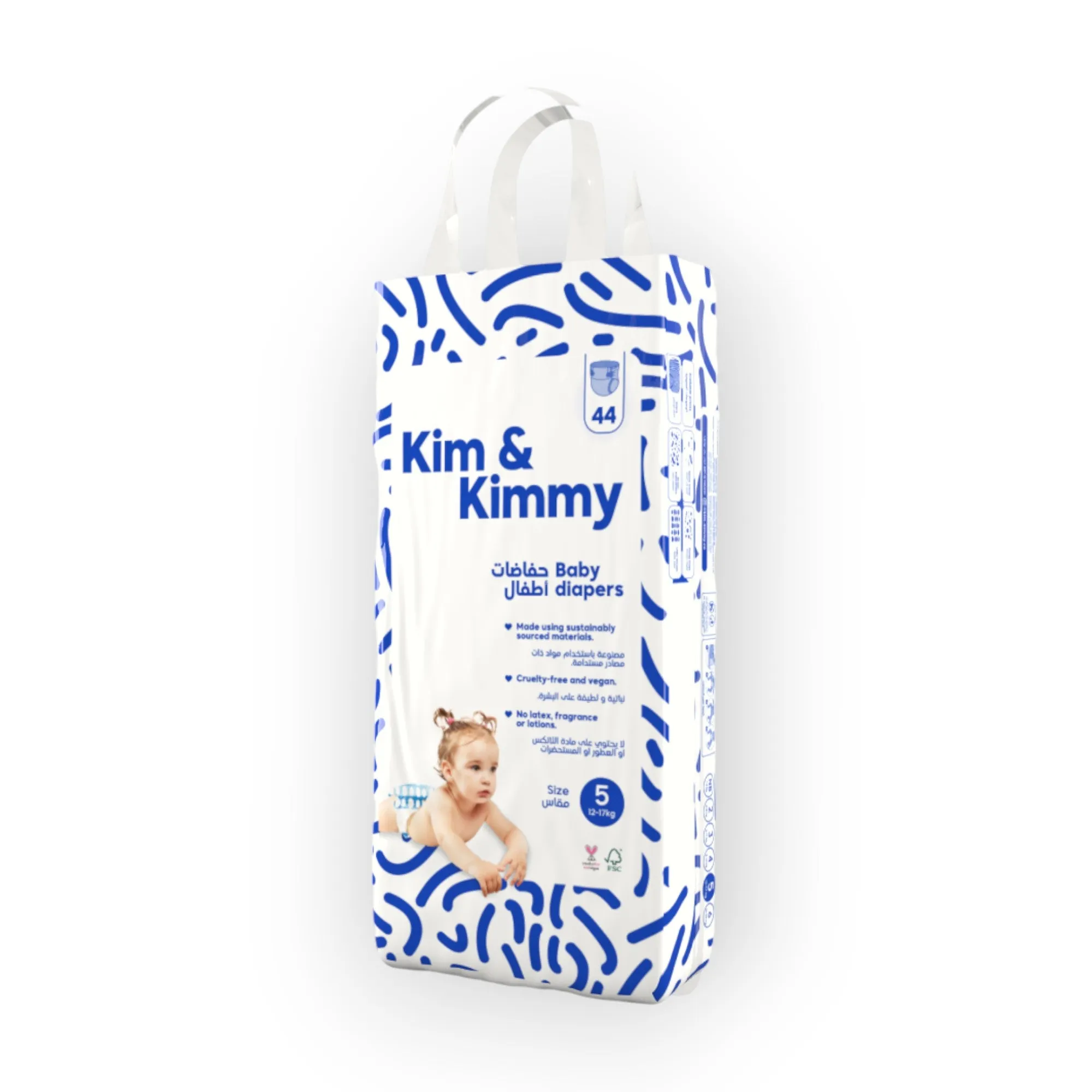 Kim & Kimmy Eco-friendly Baby Taped Diapers, Size 5, 12-17Kg, 12-24M