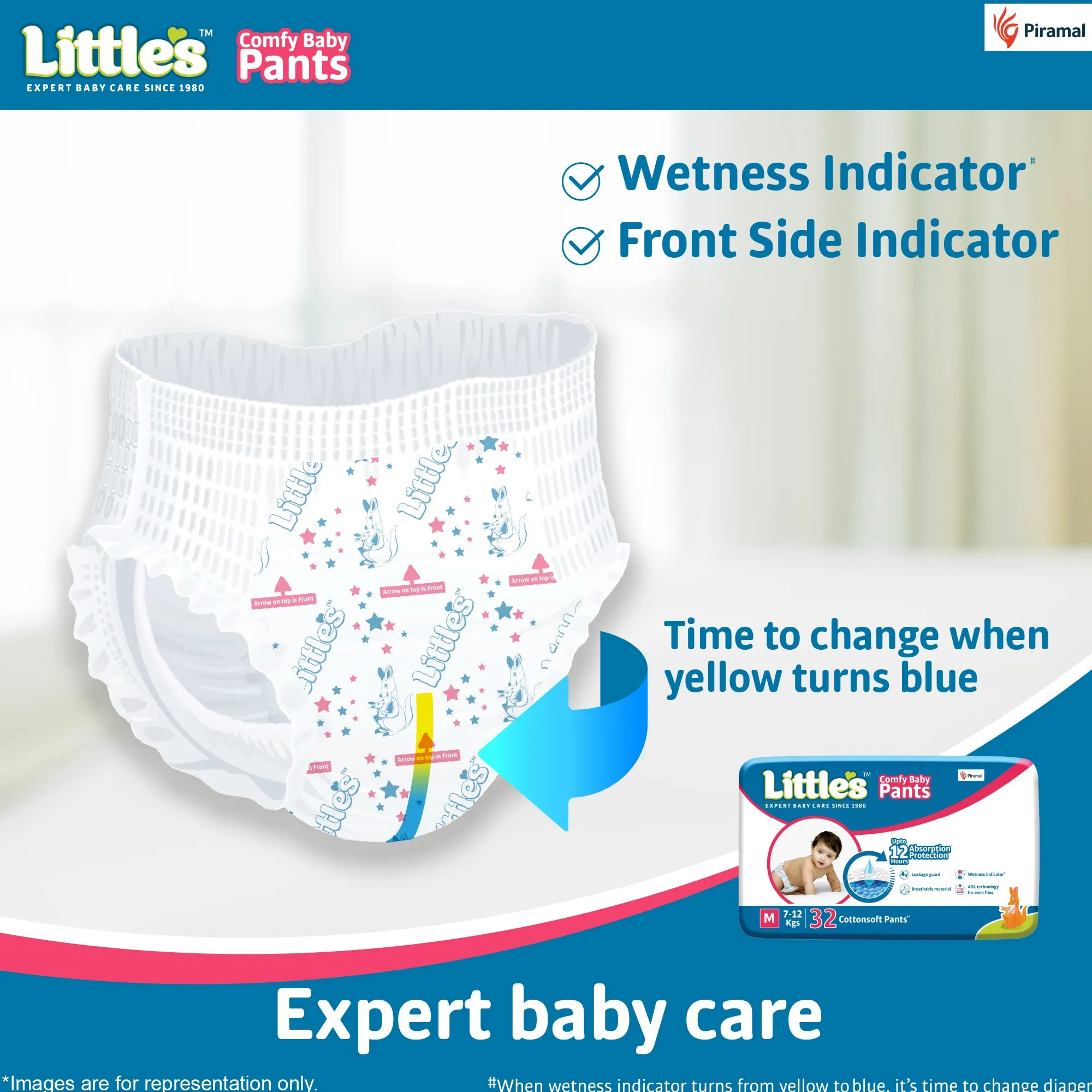 Littles Baby Pants Diapers, Medium Size (7-12 kg) - 32 Count, with Wetness Indicator for 12 Hours Absorption