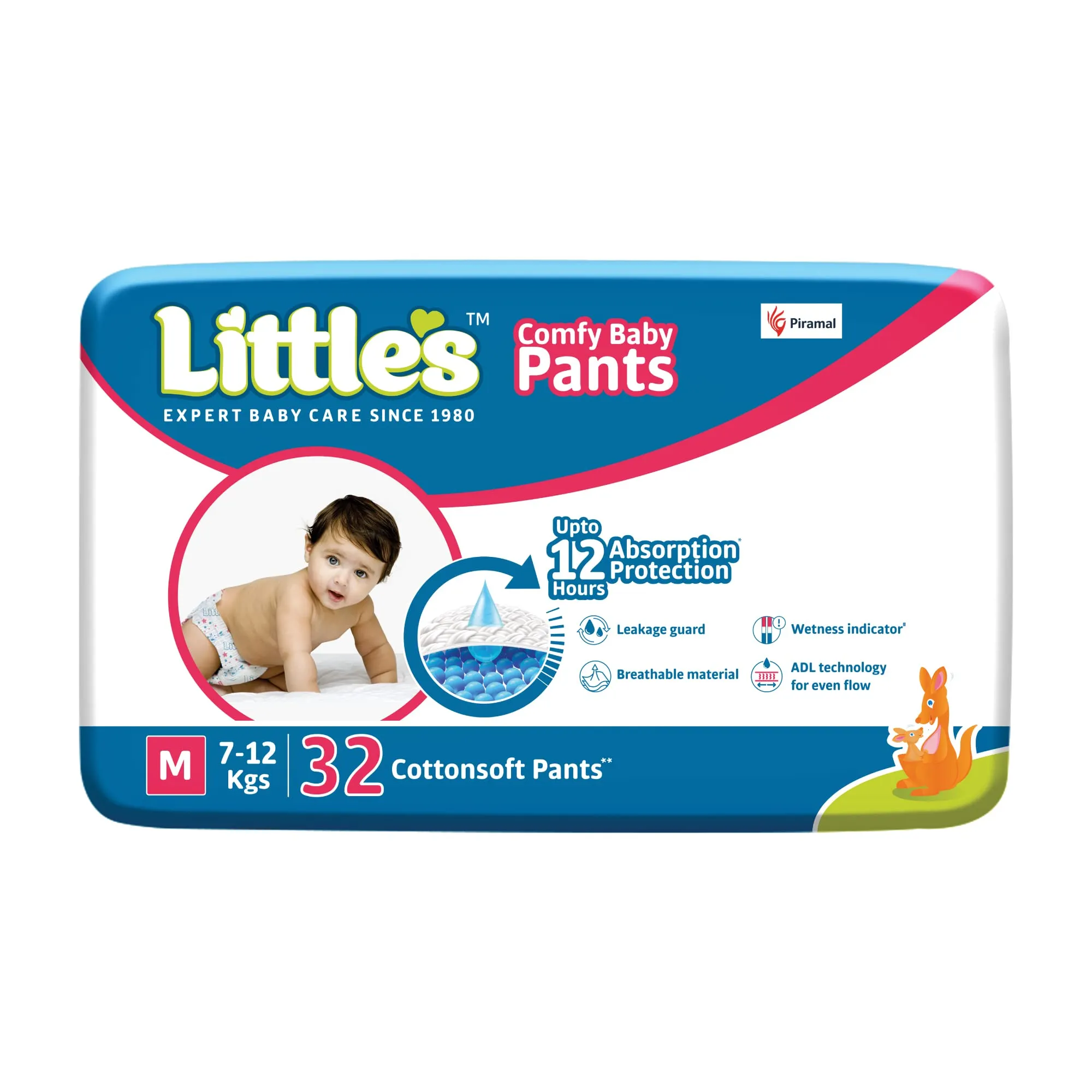 Littles Baby Pants Diapers, Medium Size (7-12 kg) - 32 Count, with Wetness Indicator for 12 Hours Absorption