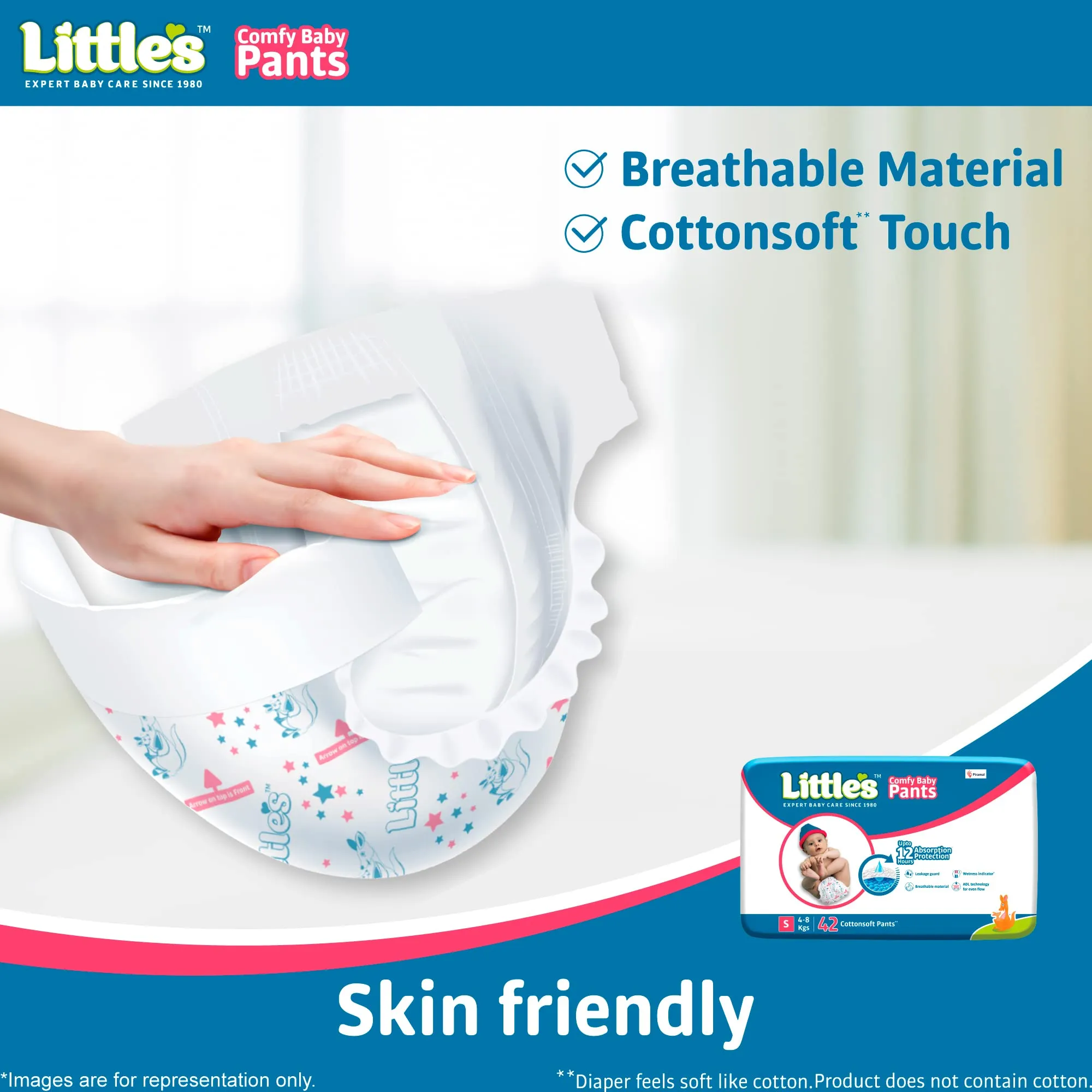 Little's Baby Pants Diapers,Small (S),4-8 kg,42 Count, with Wetness Indicator & 12 Hours Absorption