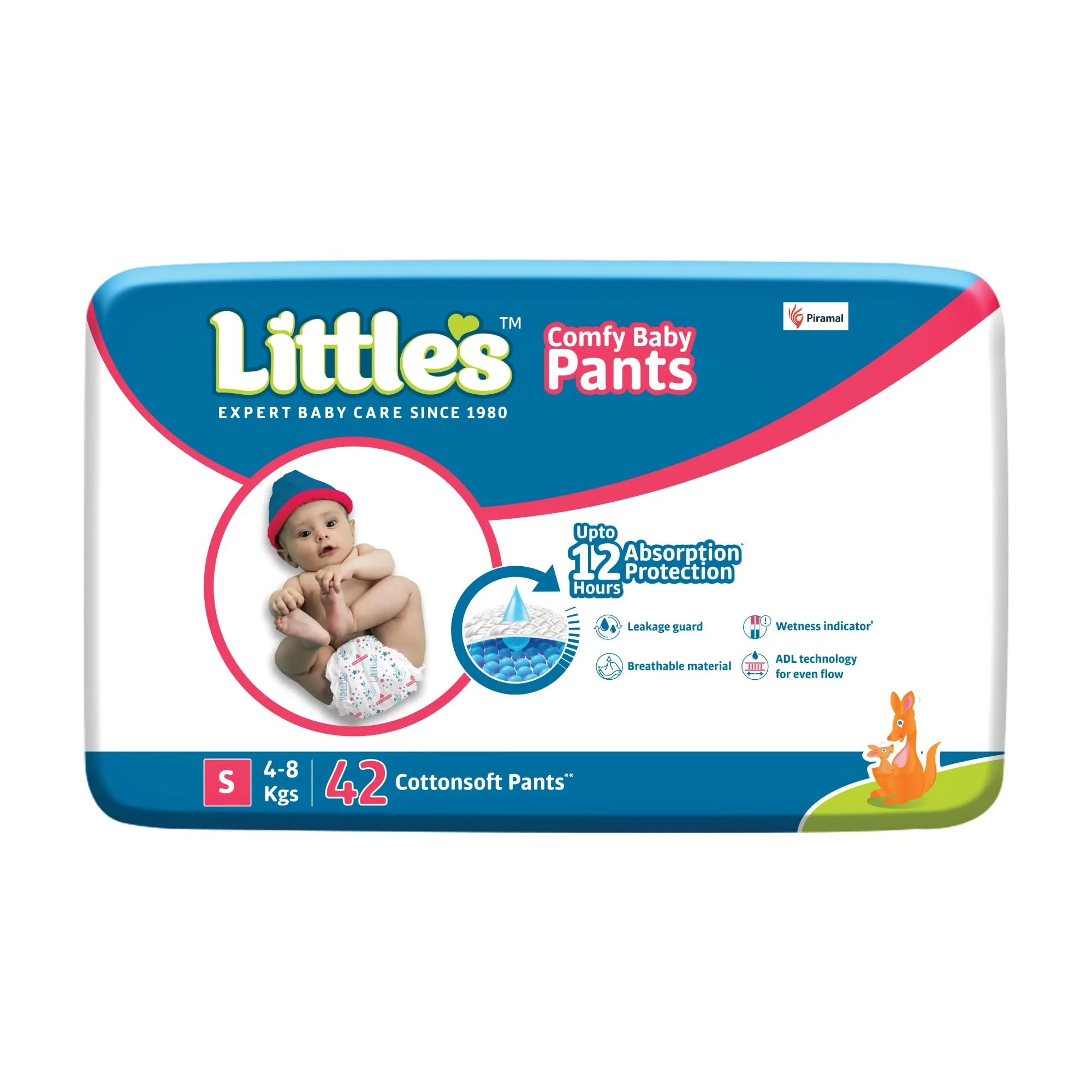 Little's Baby Pants Diapers,Small (S),4-8 kg,42 Count, with Wetness Indicator & 12 Hours Absorption