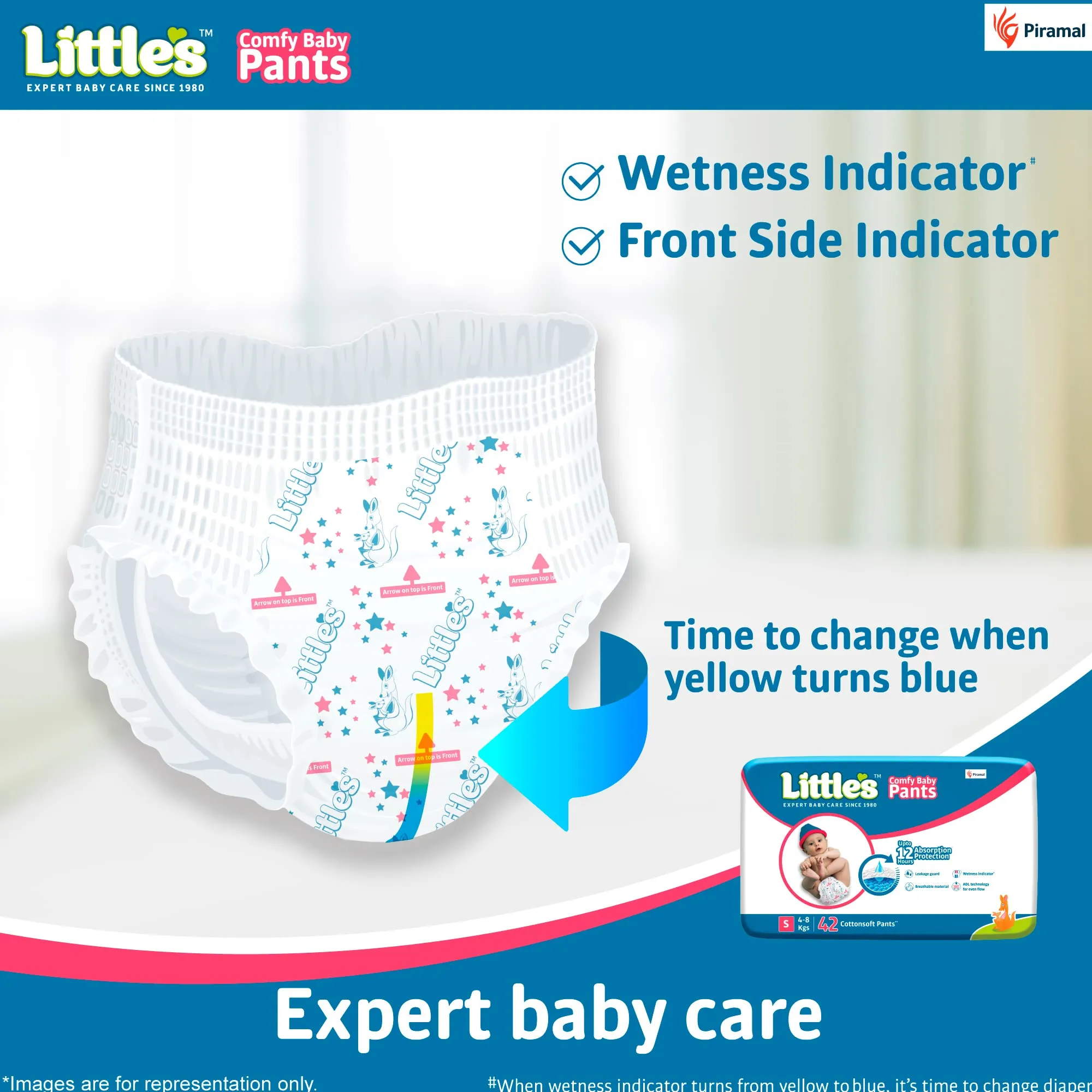 Little's Baby Pants Diapers,Small (S),4-8 kg,42 Count, with Wetness Indicator & 12 Hours Absorption