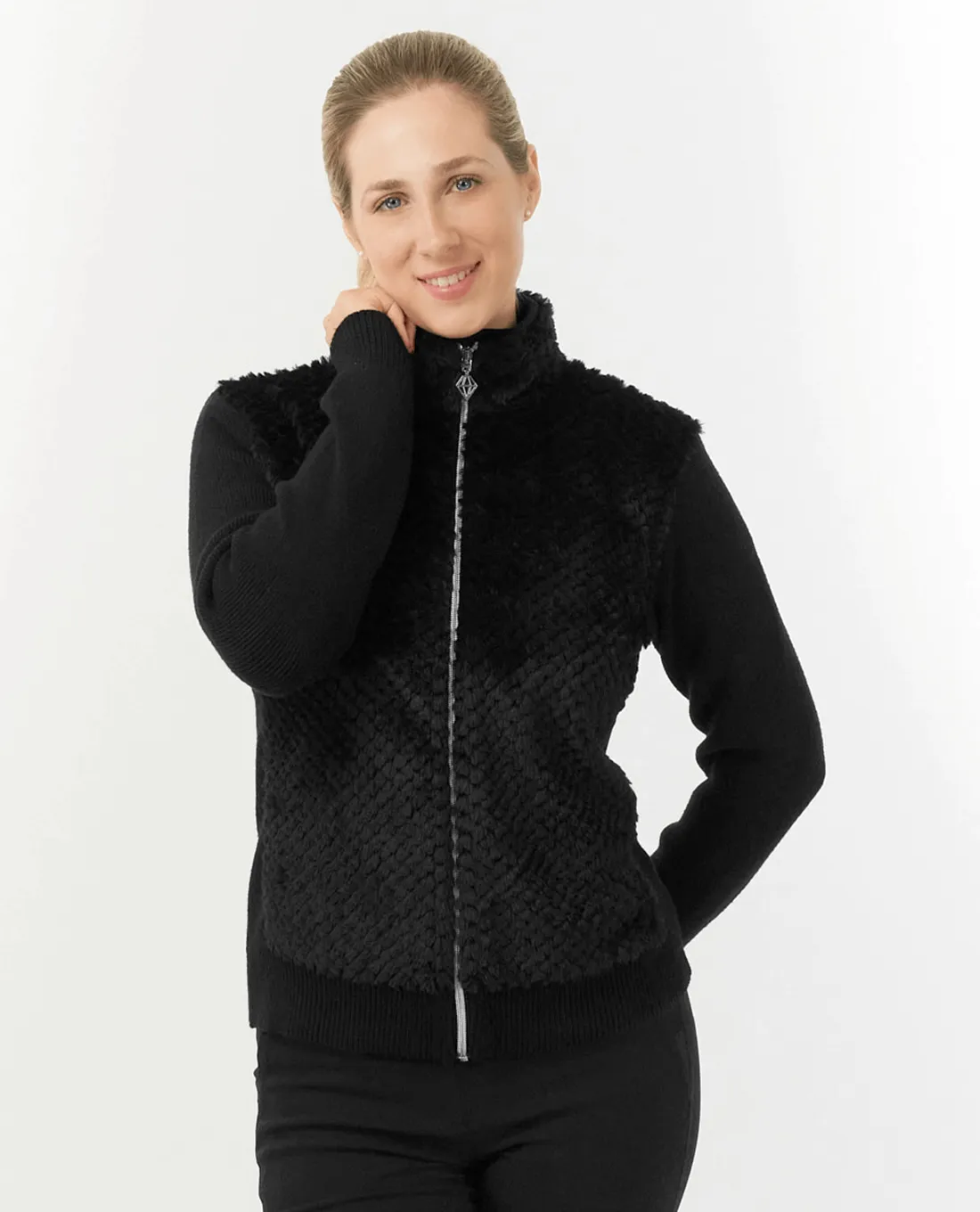 PURE GOLF Ellisa Knitted Zipped cardigan with faux fur front 508 Black