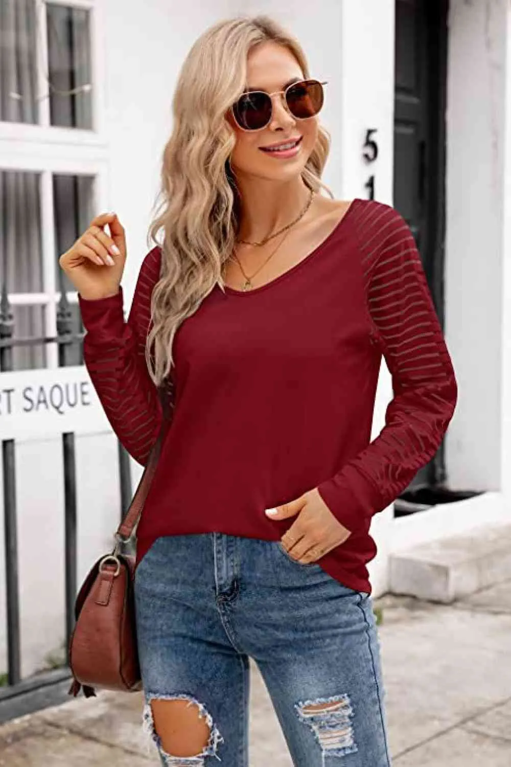 TEEK - V-Neck Long Raglan Sleeve Top