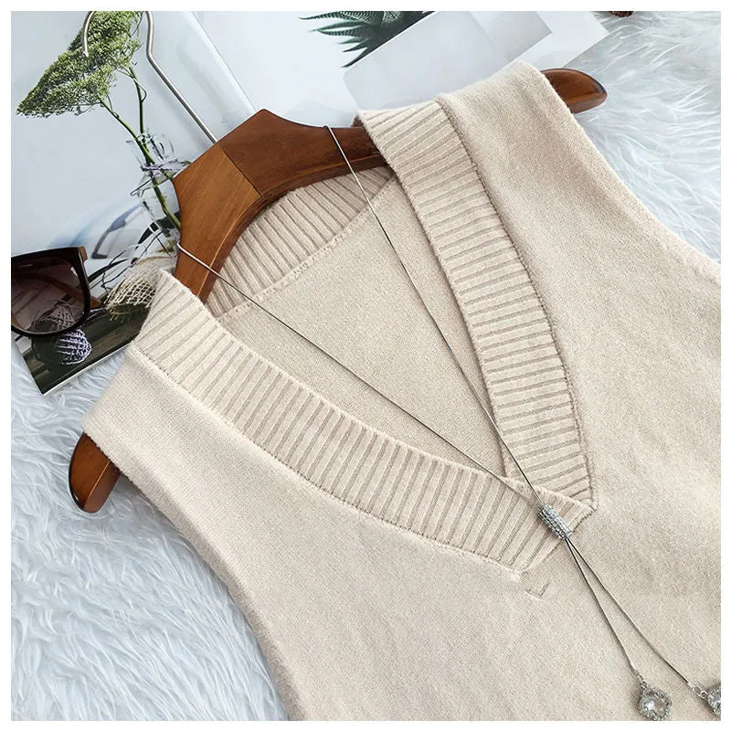 V-neck knitted vest women's autumn and winter loose sleeveless sweater